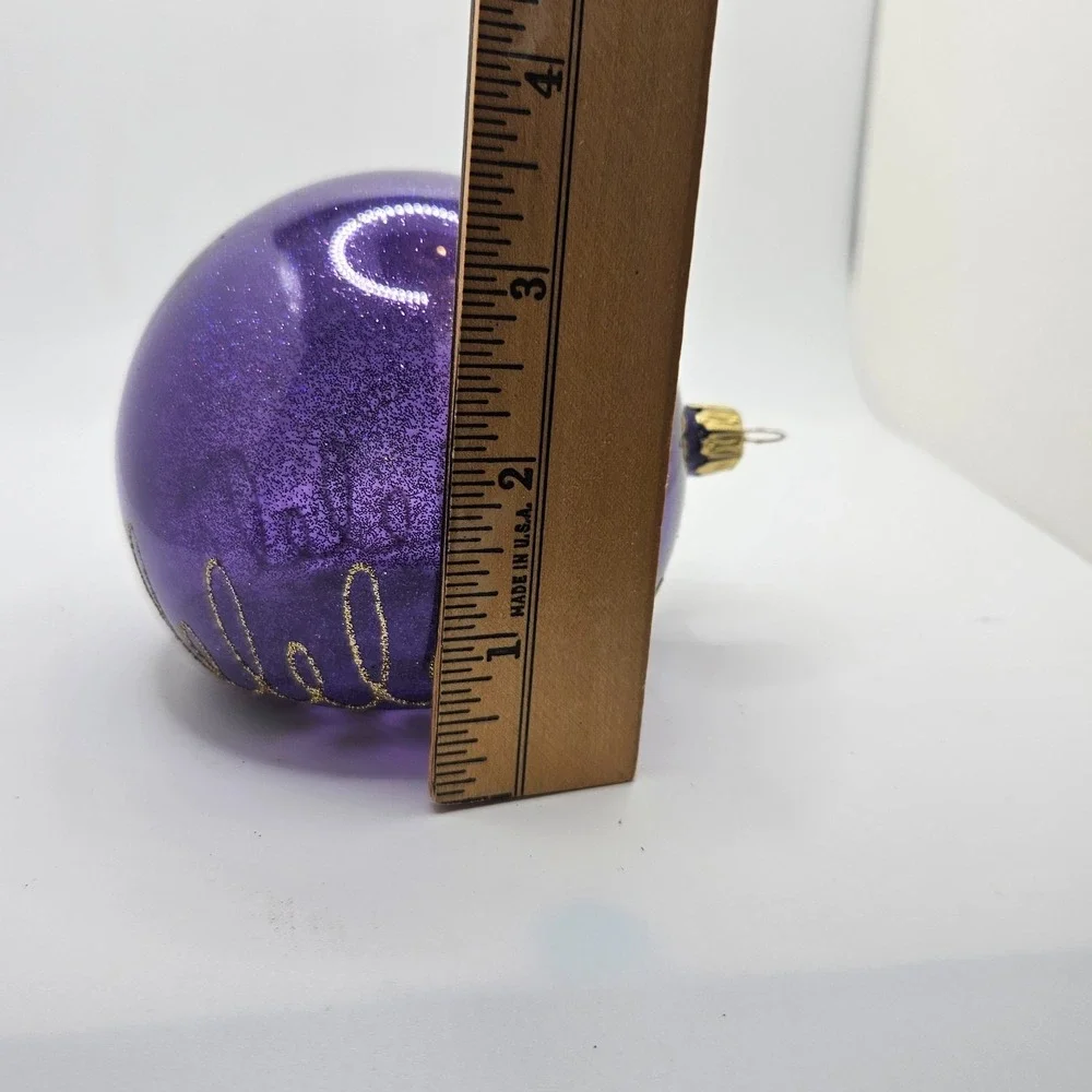 Vintage Hand Painted Glass Christmas Ornament Purple Butterfly Floral Glitter 4